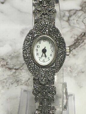 Marcasite Watch Silver Tone Oval Case Ornate Dressy New Battery 8 Inch